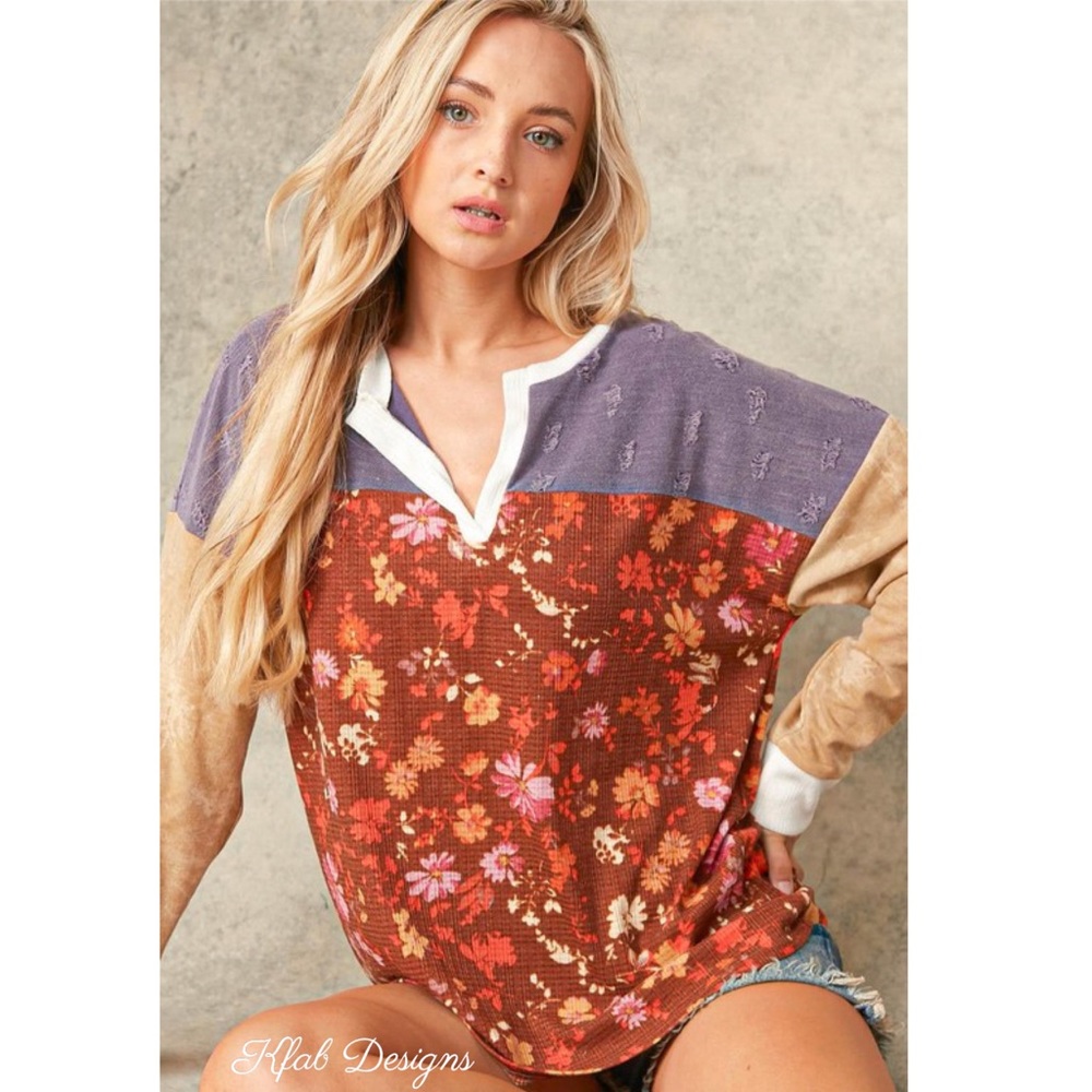 LAST 1! Distressed Floral/Tie Dye Color Block Henley Boho Top! - Picture 8 of 10